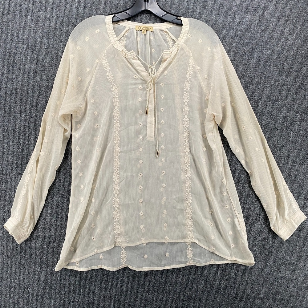 Democracy Tunic Top Womens S Beige Sheer Beachy Hippie Fairy Cottage Gypsy Boho